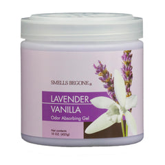 Smells Begone lavender-vanilla gel-odor-eliminator 15oz on shelf, neutralizes pet odors.