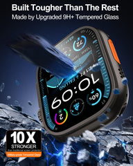 Smiling anti-scratch tempered glass protects Apple Watch Ultra 3 screen.