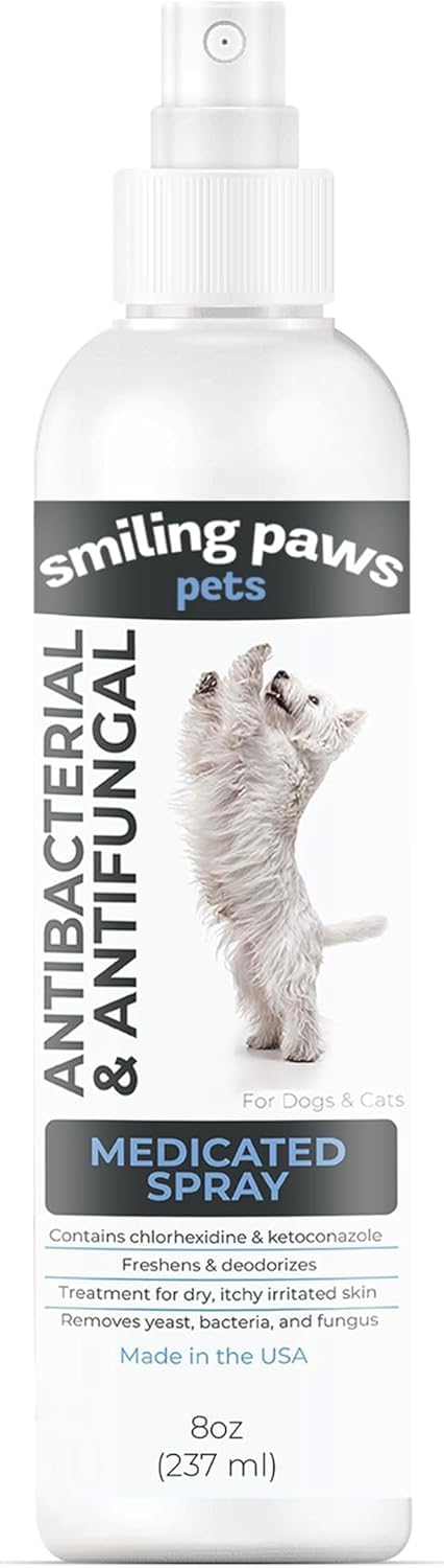 Smiling Paws Pets Advanced Chlorhexidine Spray bottle for vet-grade skin care in pets.