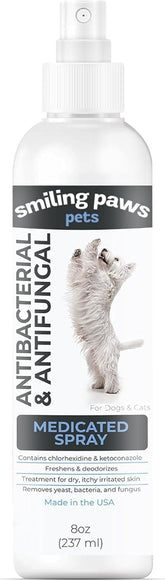 Smiling Paws Pets Advanced Chlorhexidine Spray bottle for vet-grade skin care in pets.