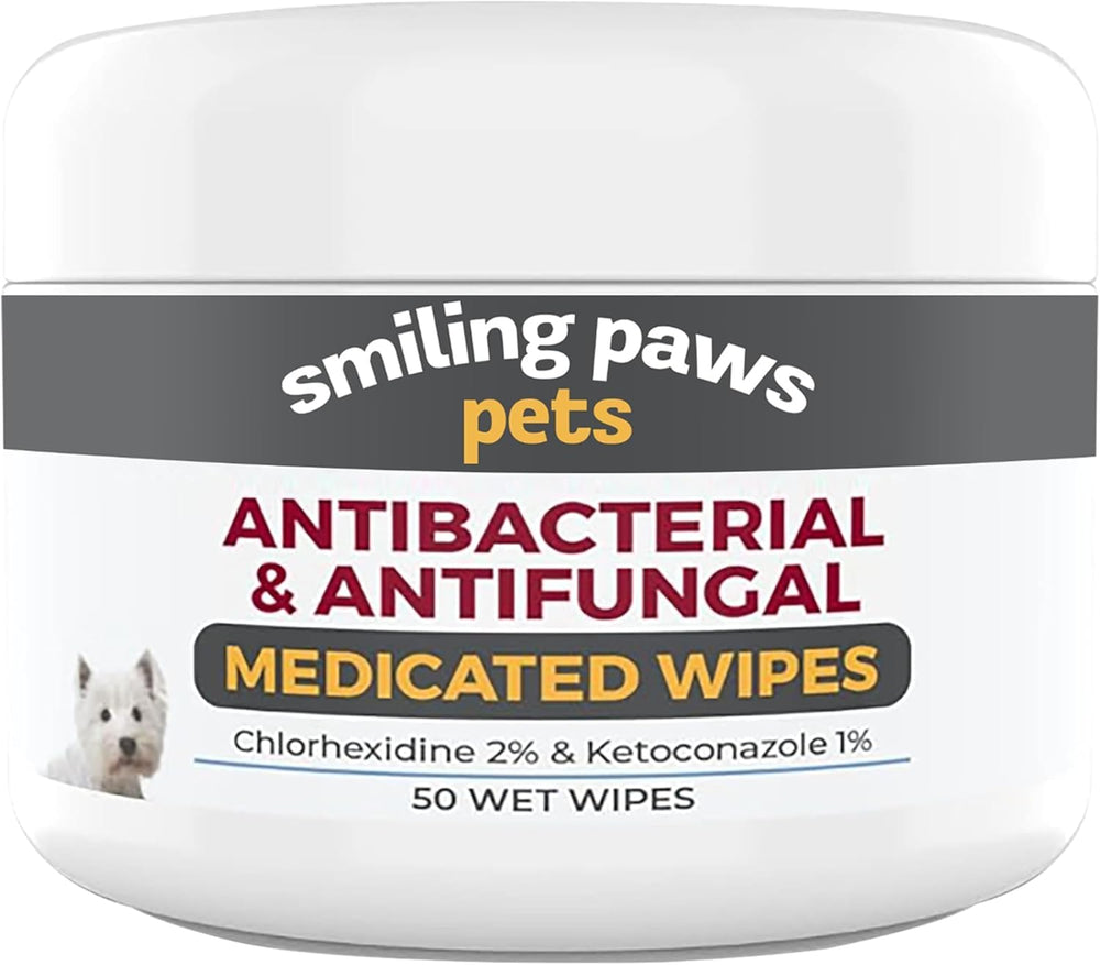 Smiling Paws Antibacterial Wipes packaging for dogs and cats, easy to store for quick skin care.