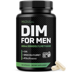 SMNutrition DIM supplement bottle highlights 300 mg dose for male hormone balance.