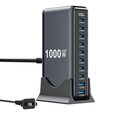 SMSASOEO 1000W charger front view with 8 USB-C and 2 USB-A ports for versatile charging.