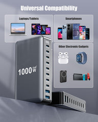 SMSASOEO 10-port setup showing clutter-free workspace and simultaneous device charging.