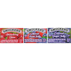 Smucker's strawberry jam portion cup ready for quick breakfast use
