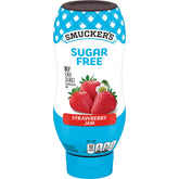 Smucker’s Sugar Free Strawberry Jam bottle on kitchen counter, convenient sugar-free spread.