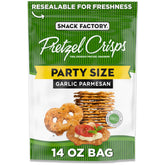 Snack Factory Garlic Parmesan Pretzel Crisps bag on display, ideal for entertaining.