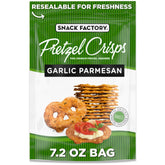 Snack Factory Garlic Parmesan Pretzel Crisps bag with resealable top for freshness.
