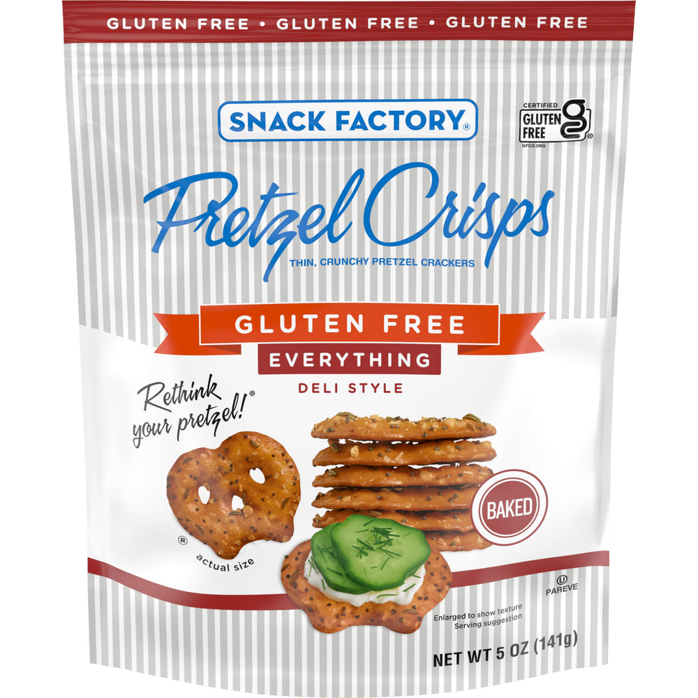 Snack Factory gluten free everything pretzel crisps bag showing seeds ideal for dipping
