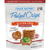 Snack Factory gluten free everything pretzel crisps bag showing seeds ideal for dipping