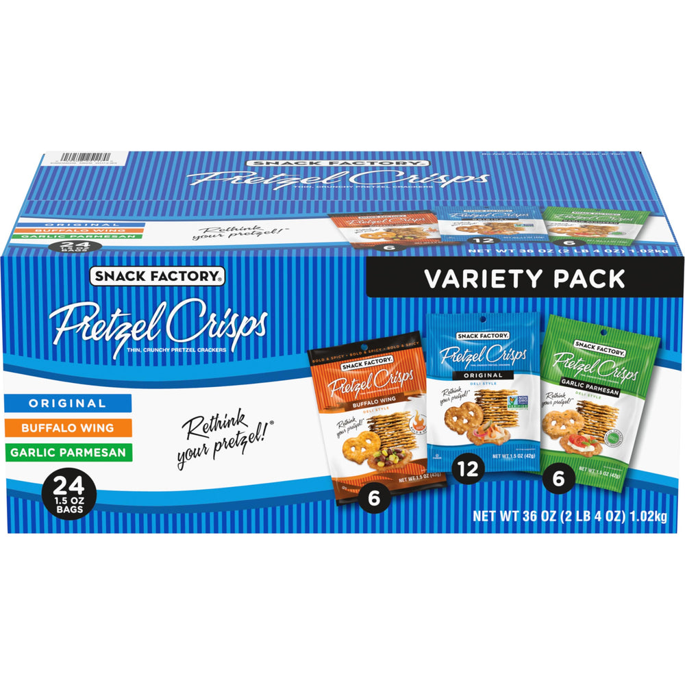 Snack Factory Pretzel Crisps Original bag with salty, crunchy bite for snacks