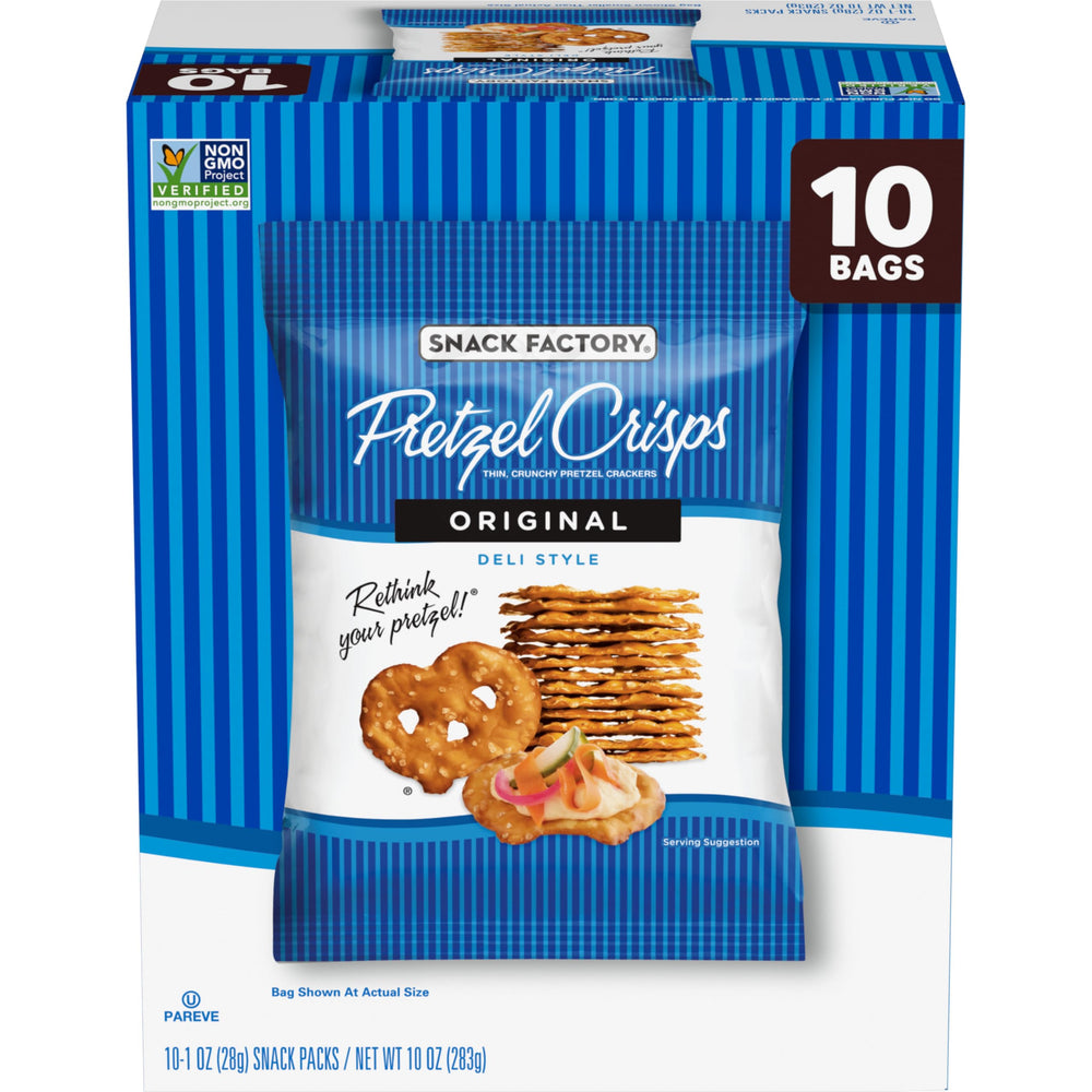 Snack Factory Pretzel Crisps Original pack closeup showing crisp texture ideal for dips