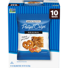 Snack Factory Pretzel Crisps Original pack closeup showing crisp texture ideal for dips