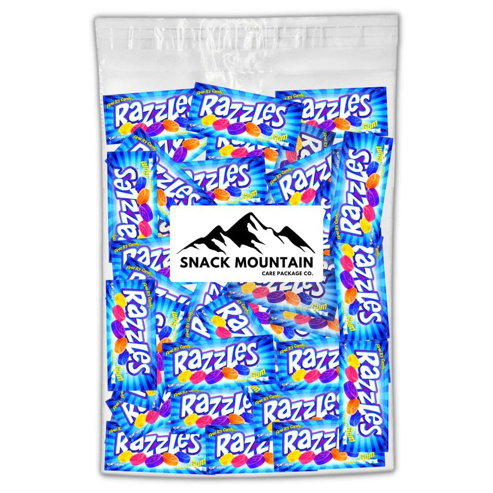 Snack Mountain Razzles bulk 60-count bag displayed for sharing and nostalgia.