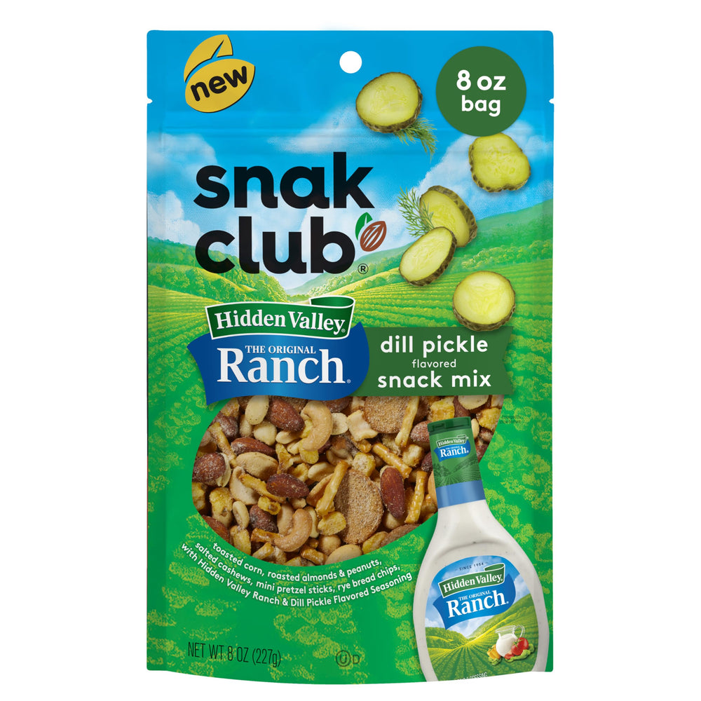 Snak Club Hidden Valley Ranch Dill Pickle snack mix in resealable bag for on the go crunch