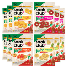 Snak Club Tajin Fruit Rings variety pack, gluten-free vegan snacks, on-the-go appeal.