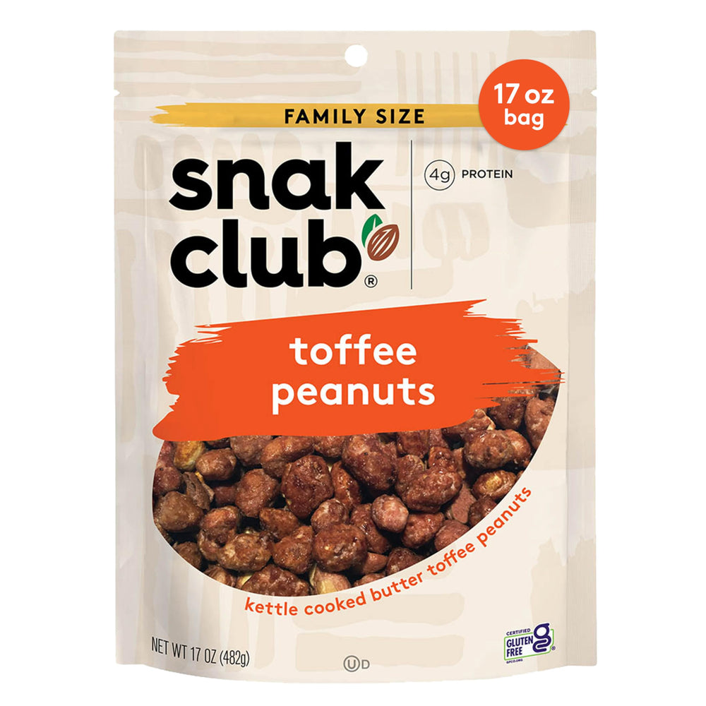 Snak Club Toffee Peanuts pack shot with resealable bag for freshness.