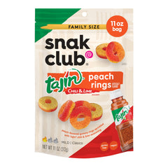 Snak Club Peach Rings Tajín bag: bold sweet-spicy snack for on-the-go.