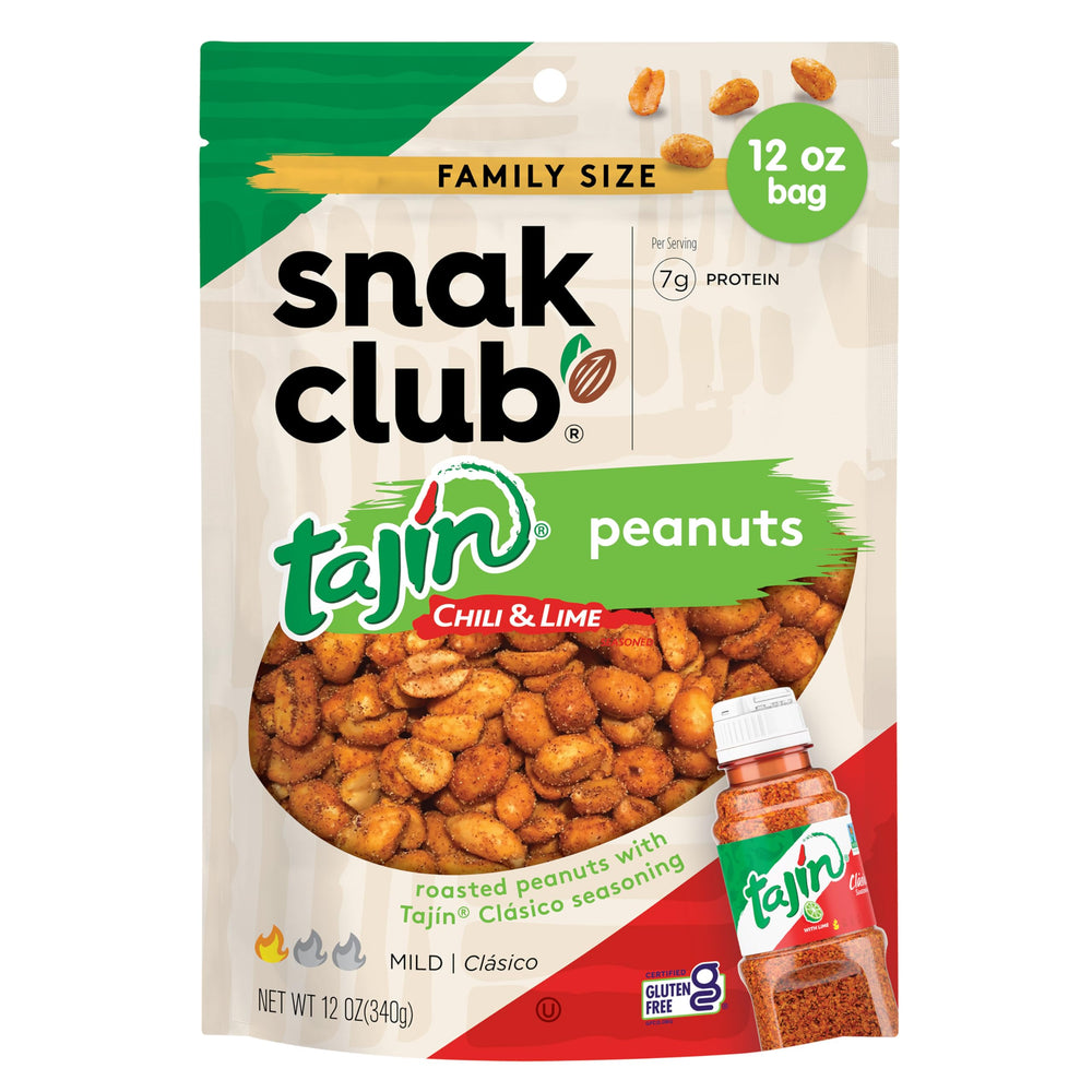 Snak Club Tajin Peanuts—roasted with chili-lime coating for bold flavor.