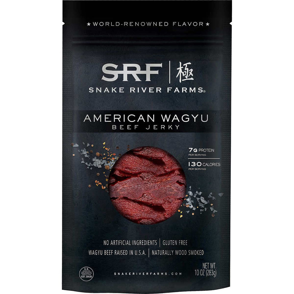 Snake River Farms American Wagyu Beef Jerky close-up slices, perfect on-the-go protein.