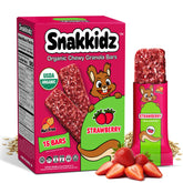 Snakkidz organic chewy granola bars in strawberry packaging for convenient school snacks.