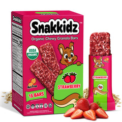 Snakkidz organic chewy granola bars in strawberry packaging for convenient school snacks.