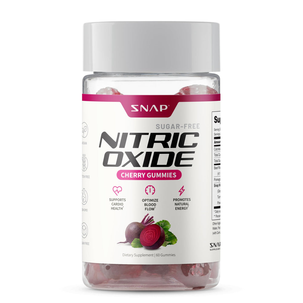 Snap Supplements Nitric Oxide Gummies label with beet root extract for circulation support