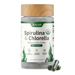 Snap Supplements Organic Spirulina and Chlorella bottle shows a nutrient dense green blend for daily energy