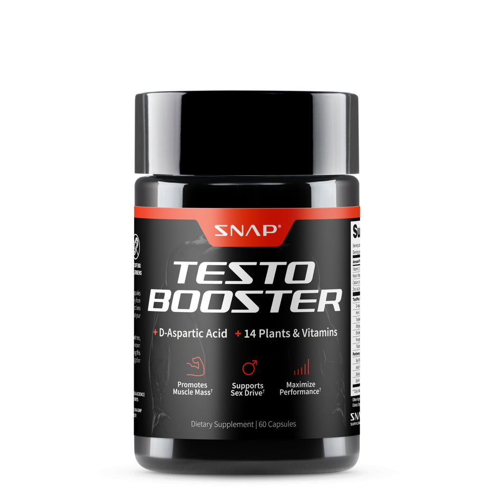 Snap Supplements Testosterone Booster bottle displaying label for natural energy support.