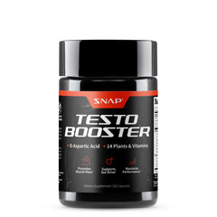 Snap Supplements Testosterone Booster bottle displaying label for natural energy support.