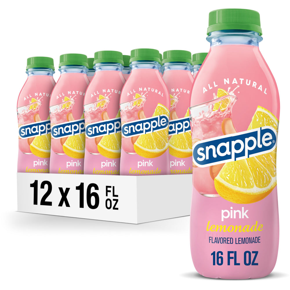 Snapple Pink Lemonade 16oz bottle with all-natural pink color.