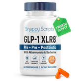 Snappy Scripts GLP-1 XLR8 bottle front highlighting gut health support and label clarity.