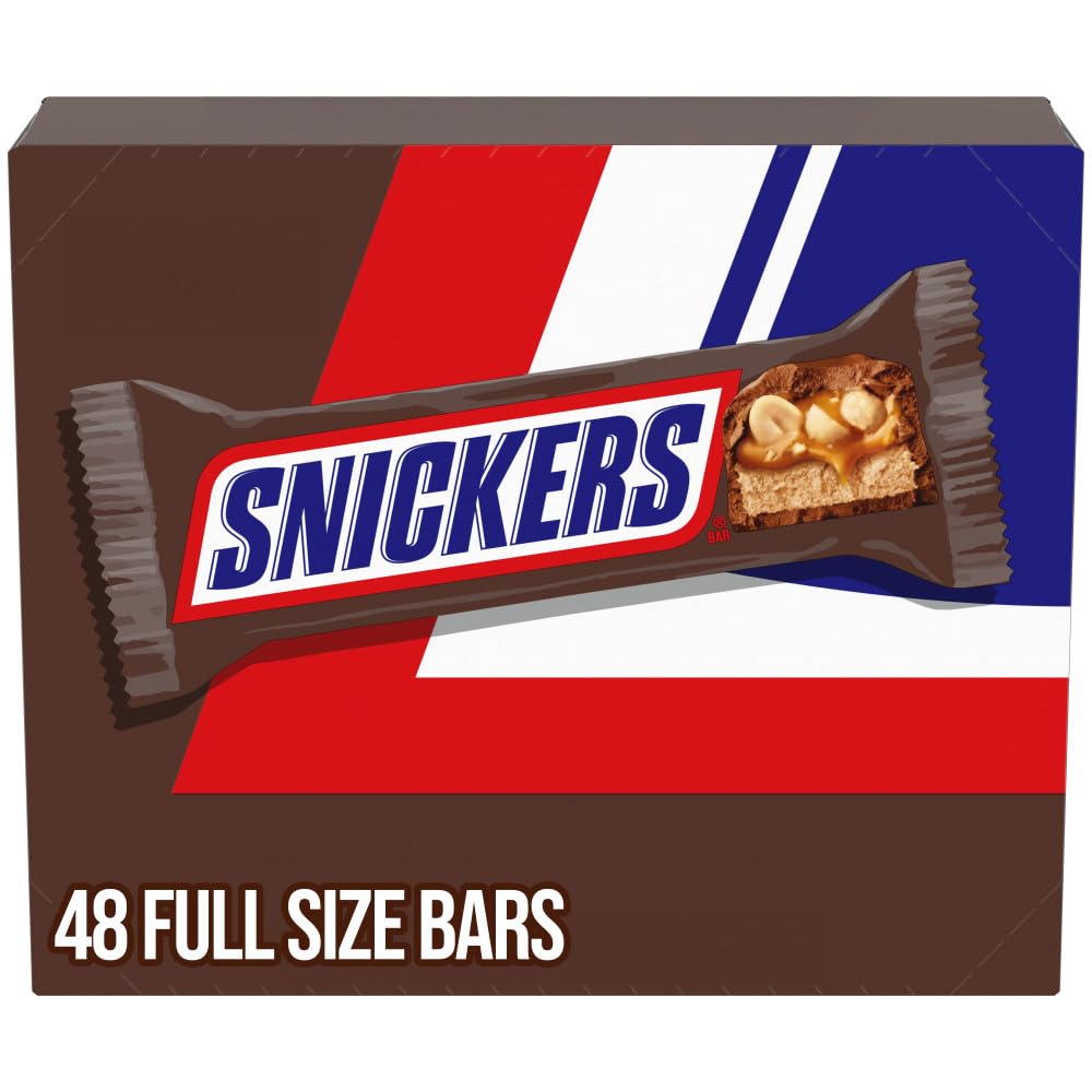 Snickers full-size bulk 48-pack box for easy pantry stocking.