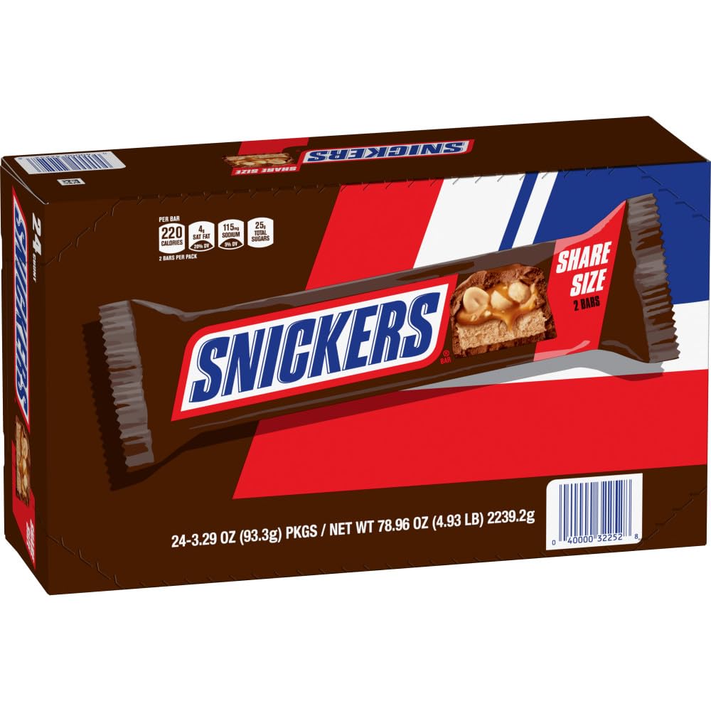 Snickers sharing-size bars 24-count box close-up, perfect for gifting or office sharing.