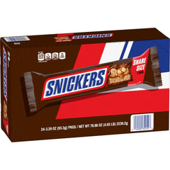 Snickers sharing-size bars 24-count box close-up, perfect for gifting or office sharing.