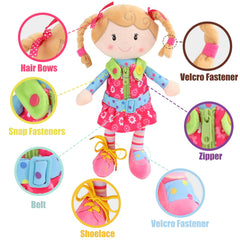 Sugar Snap doll encourages buttoning practice with bright, kid-friendly design.