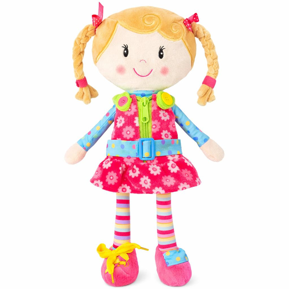 Snuggle Stuffs Sugar Snap doll practicing zipper action for dressing skills.