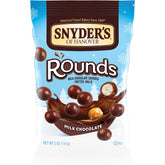 Snyder's of Hanover Milk Chocolate Pretzel Rounds pack with crisp bite-sized crunch for sharing