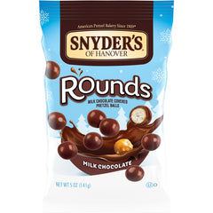 Snyder's of Hanover Milk Chocolate Pretzel Rounds pack with crisp bite-sized crunch for sharing