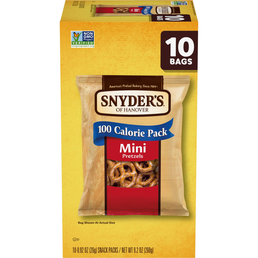 Snyder's of Hanover Mini Pretzels box front—crisp 100-calorie snack for lunch boxes.