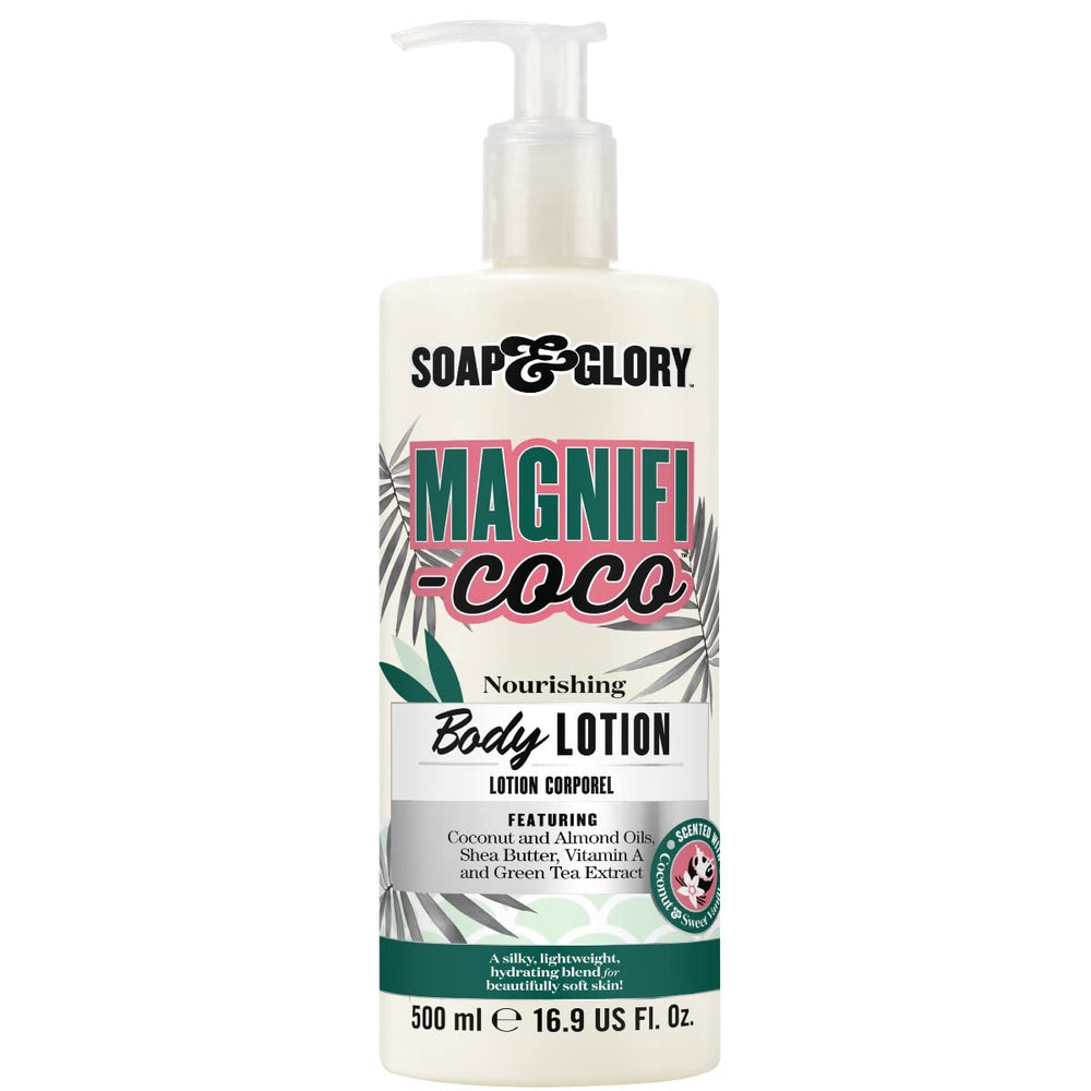 Soap & Glory Magnifi-Coco bottle close-up showing coconut-infused hydration for dry skin
