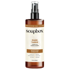 Soapbox Mane Tamer bottle front showing easy frizz control for daily styling.
