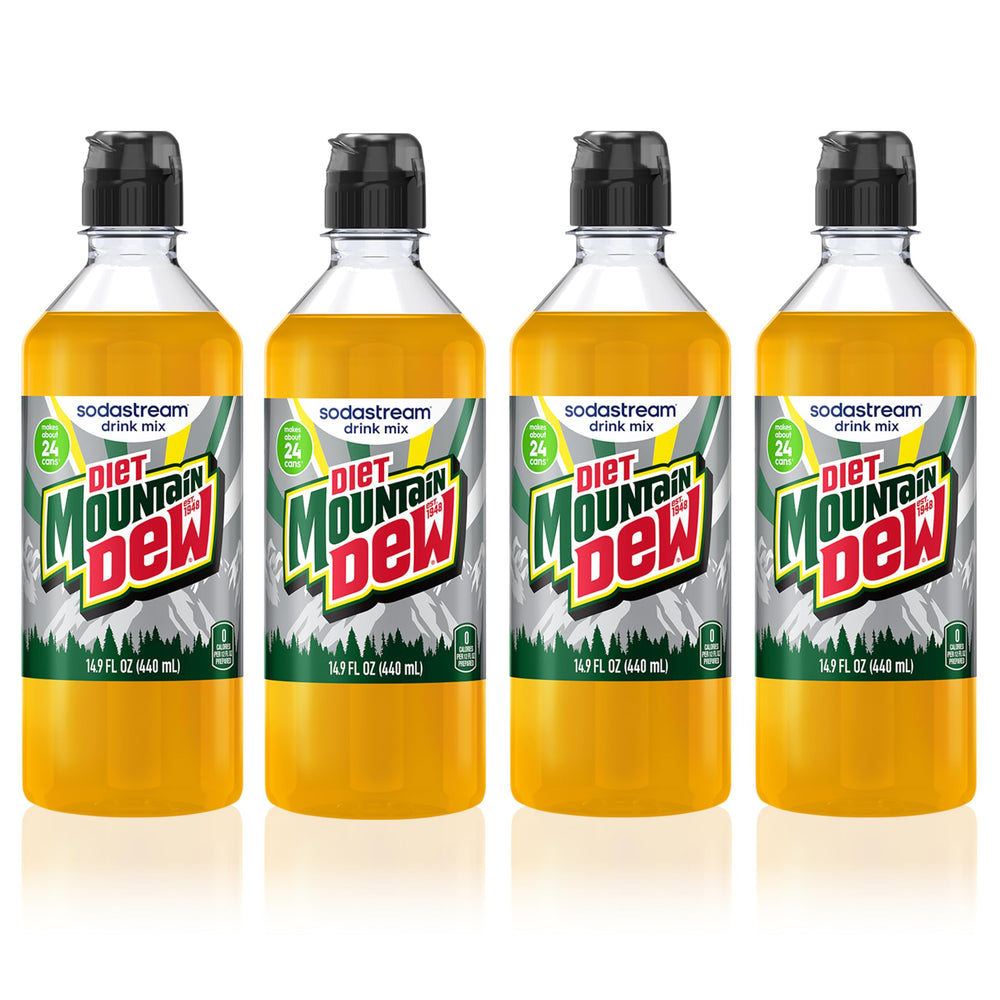 Sodastream Diet Mountain Dew bottle being poured into sparkling water for a crisp zero-calorie soda.