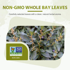 Soeos Bay Leaves packaging closeup showing Non-GMO verification for quality.