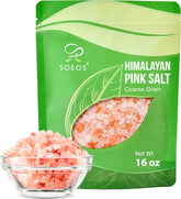 Soeos Coarse Pink Salt bottle front view, ideal for grinding and finishing.