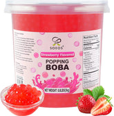 Soeos strawberry popping boba pearls close-up with juicy center for bubble tea