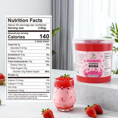 Soeos strawberry popping boba pearls in bubble tea setup with bright color