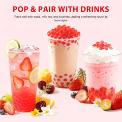 Soeos strawberry popping boba pearls in a shake cup with pop