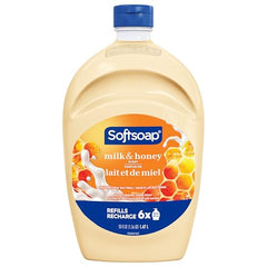 Close-up of Softsoap Milk and Honey label highlighting moisturizing formula