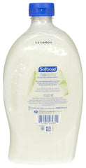 Softsoap moisturizing hand soap refill label closeup with Aloe Vera scent for fresh hands